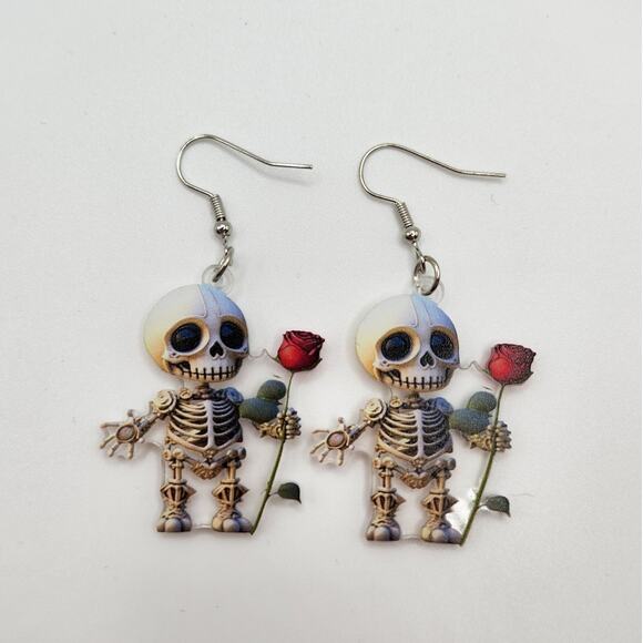 Acrylic Skeleton Holding Red Rose Dangle Earrings Halloween Gothic - Picture 4 of 7